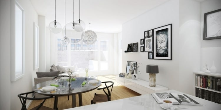 wohnzimmer ohne fernseher lowboard-minimalistisch-weiß-hochglanz-wandbilder