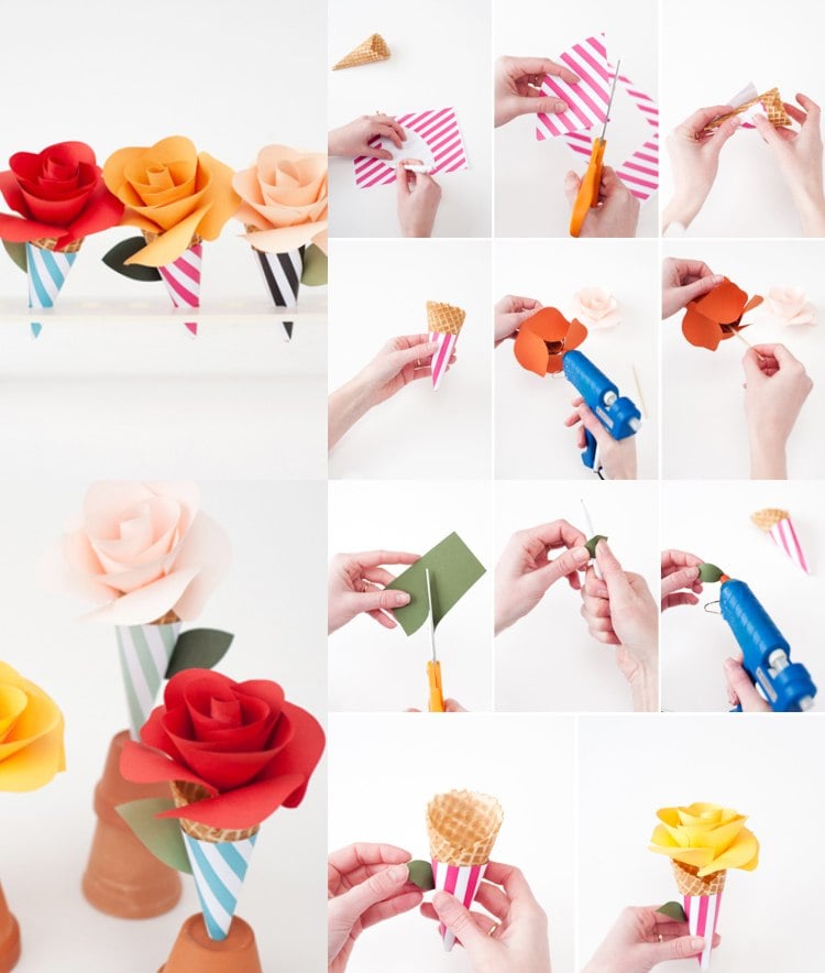 Einfache Tischdeko Geburtstag selber machen Blumen aus Papier wickeln