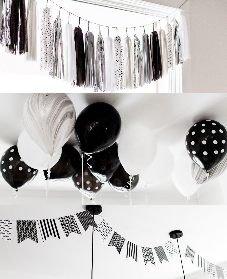 Schwarz weiß Deko selber machen Girlande aus Stoff und Luftballons marmorieren