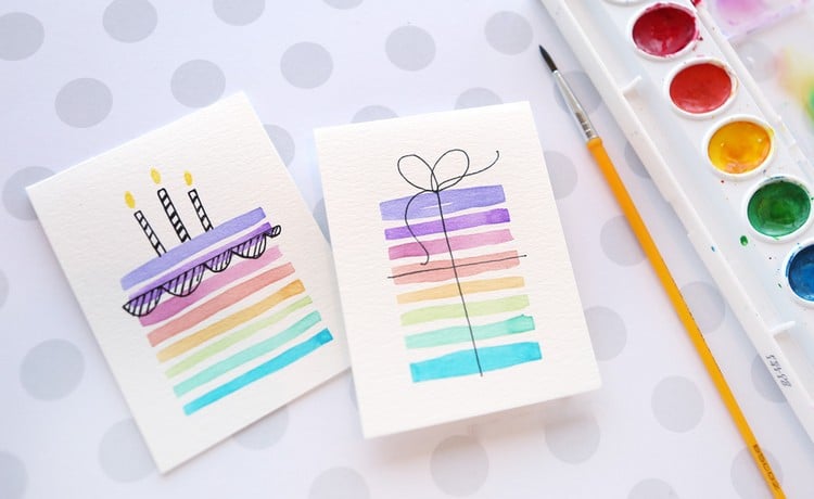 Geburtstagskarten basteln malen-aquarell-farben-regenbogen