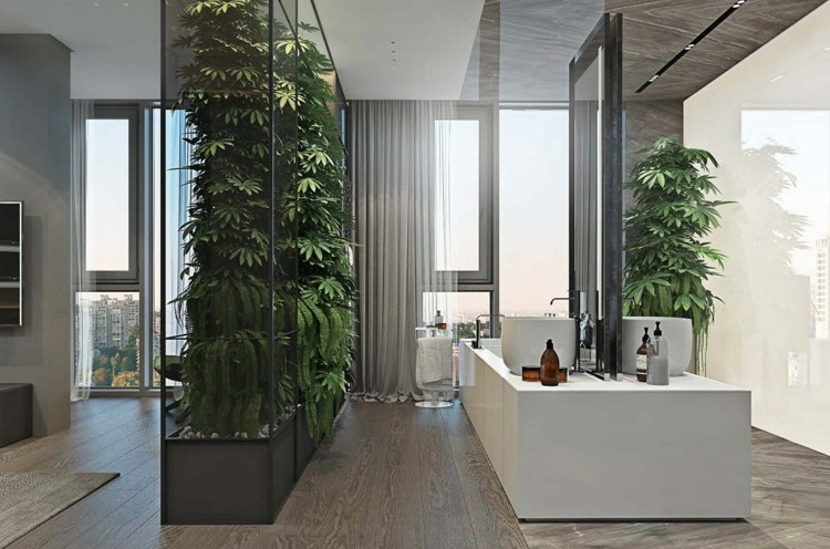 graue-möbel-badezimmer-waschschrank-weiß-vertikaler-garten-trennwand