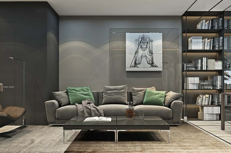 graue möbel couch-arbeitszimmer-wandgestaltung-wandbild-couchtisch-hochglanz