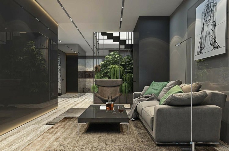 graue möbel monochrome-farbpalette-hochglanz-paneele-wohnwand