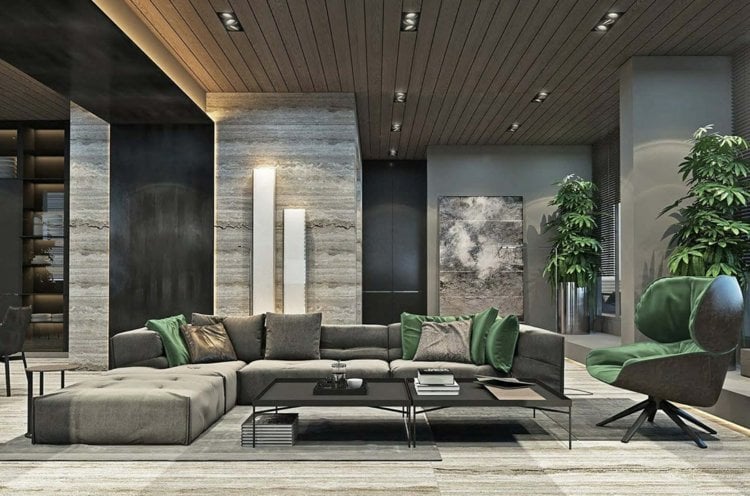 graue möbel wohnzimmer-einrichtung-stuhl-lounge-grüne-farbe
