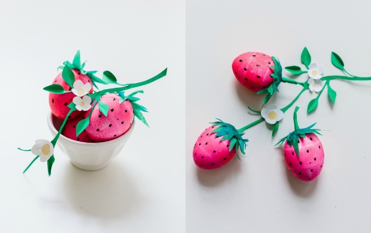 lustige-ostereier-gestalten-erdbeeren-dekorieren-bemalen-blüten-grün