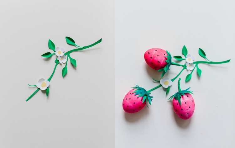 lustige Ostereier -gestalten-erdbeeren-papier-deko-blüten-papier