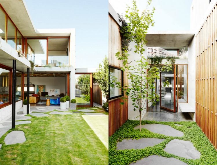 Minimalistischer Garten -bodendecker-innenhof-betonfliesen-rasen-terrasse