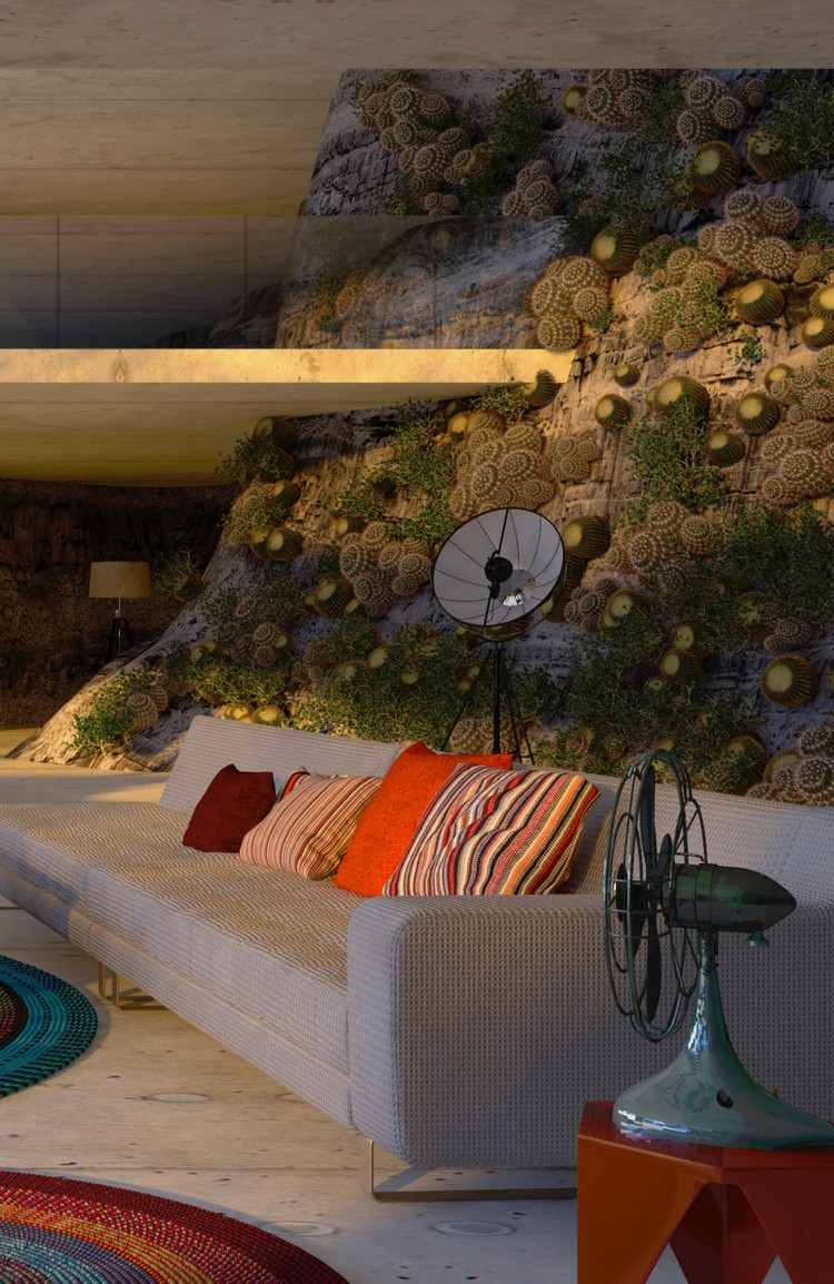 Nachhaltig wohnen felsen-ebenen-natürliches-interieur-sofa