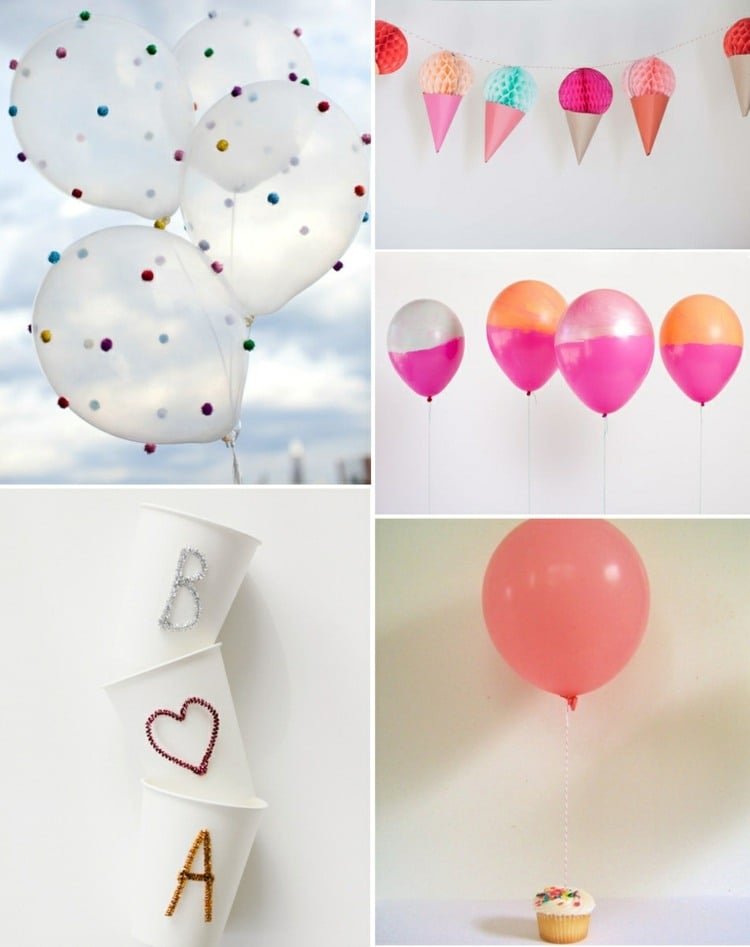 party deko ideen zum selbermachen ballons-dekorieren-girlande-eistüte-wabenball-klein