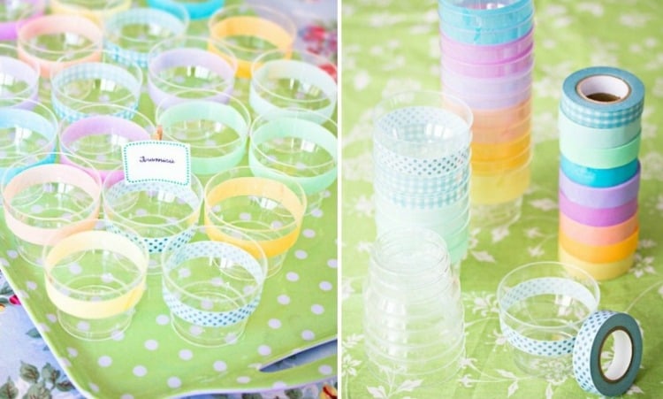 party deko ideen zum selbermachen plastik-gläser-dekorieren-washi-tape-bunt