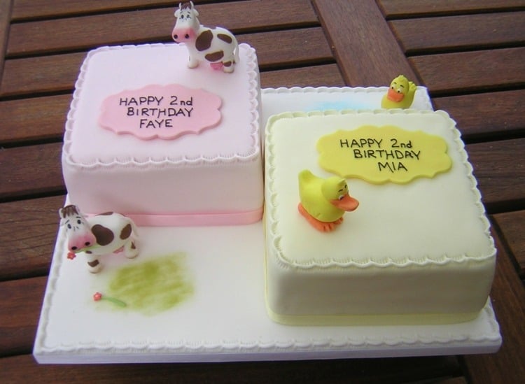 torte für zwillinge mädchen-gelb-rosa-farbe-kühe-namen
