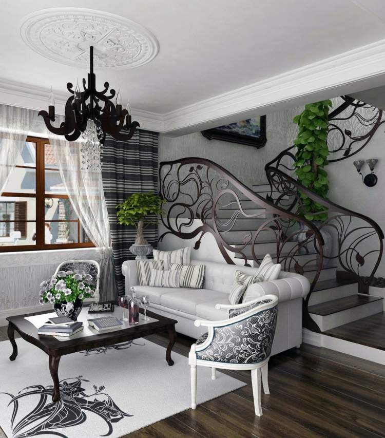 treppe-verkleiden-wohnzimmer-geländer-holz-parkett-schwarz-weiß-sofa-couchtisch-vase-kronleuchter