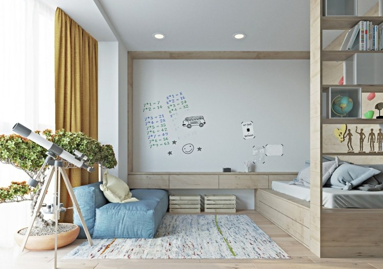 wohnung-inspiration-kinderzimmer-schlafbereich-sofa-senffarbene-vorhänge-blau