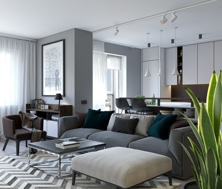 wohnung inspiration modernes-wohnzimmer-grau-couch-zickzack-teppich