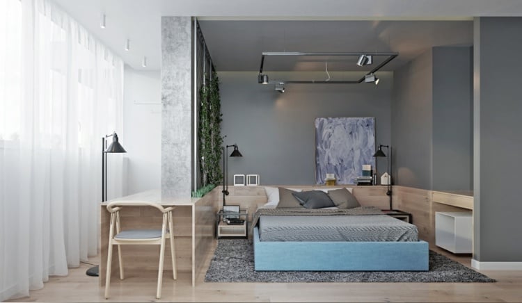 wohnung-inspiration-schlafzimmer-ideen-blau-bettkasten-graue-wände-vertikaler-garten
