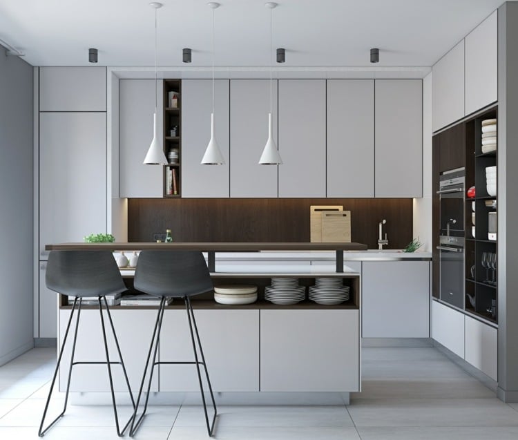 wohnung inspiration weiß-küche-minimalistisch-kücheninsel-barstühle