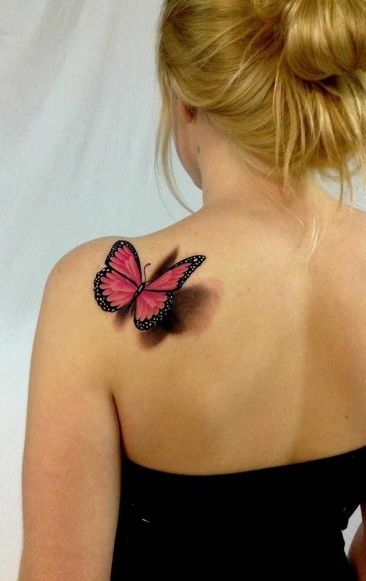 3d tattoo schulter-zart-schmetterling-realistisch-pink-rosa-rot-schatten-gestalten