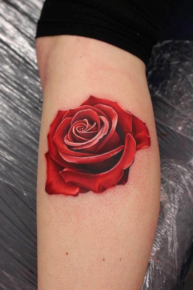 3d tattoo unterschenkel-idee-rote-rose-damen