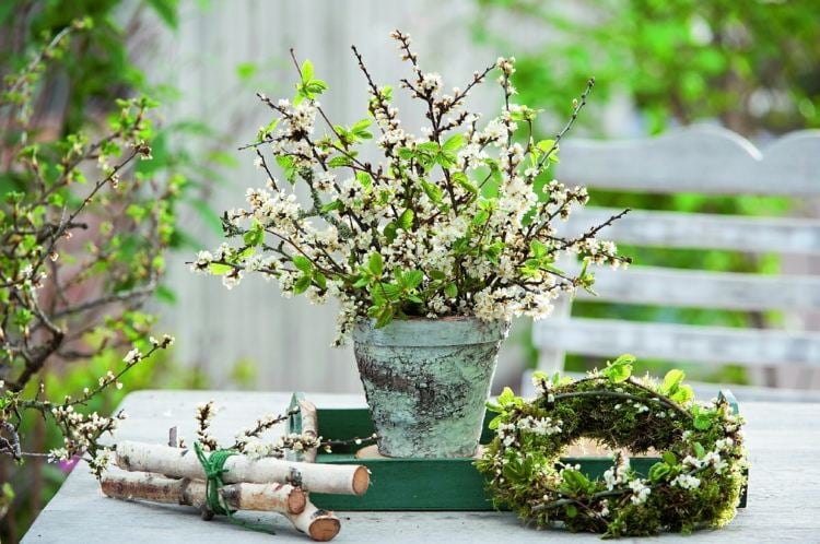 Grüne Dekoration für den Frühling mit blühenden Zweigen, Birkenästen und Mooskranz