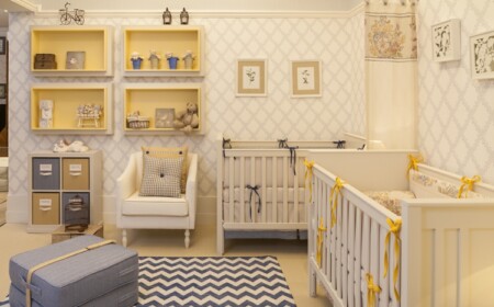 babyzimmer für zwillinge gelb-blau-creme-junge-mädchen-zickzack-teppich