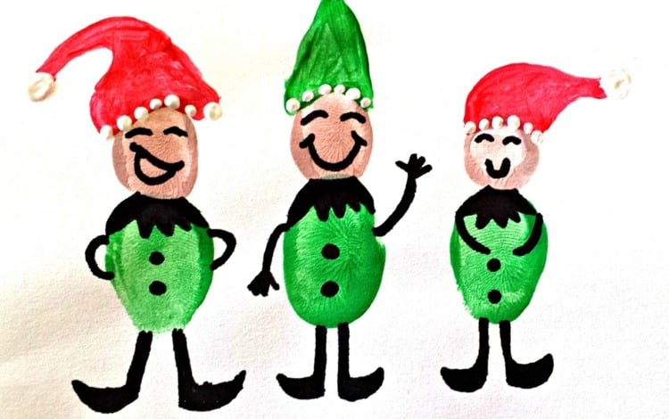 fingerabdruck-bilder-elfen-weihnachten-rot-grün-kinder-bastelideen
