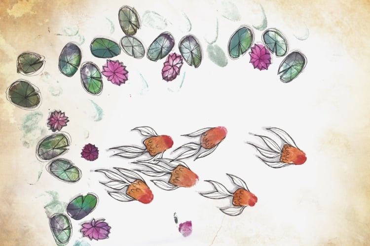 fingerabdruck bilder hübsch-idee-leinwand-deko-goldfische-seerosen-blätter