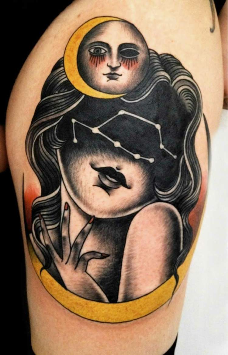 schwarz-grau-gelb-frau-mond-neo-traditional-tattoo