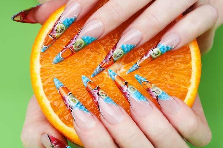 stiletto nails orange-zitrone-blau-lang-spitz-sommerlich-acryl