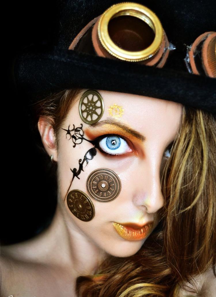 Steampunk schminken Damen Ideen mit Goldtaler und Uhrwerk
