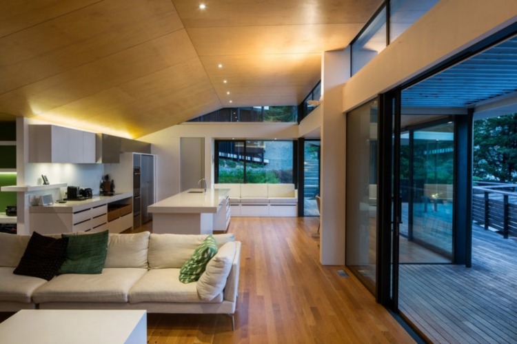 decken gestalten sperrholzplatten-wohnraum-sofa-weiße-farbe-grüne-akzente