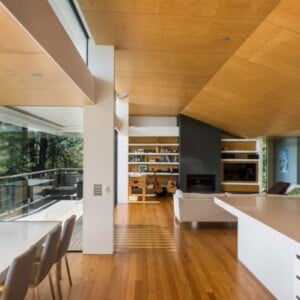decken gestalten sperrholzplatten-wohnzimmer-kamin-grau-sofa