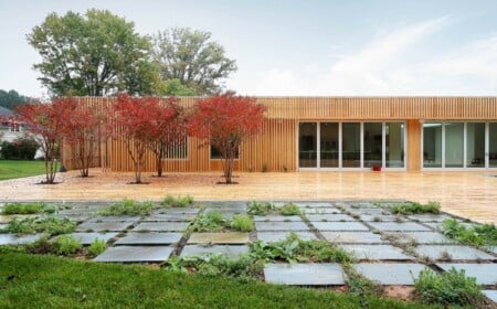 holzlamellen sichtschutz haus-design-bäume-rote-blätter-betonplatten