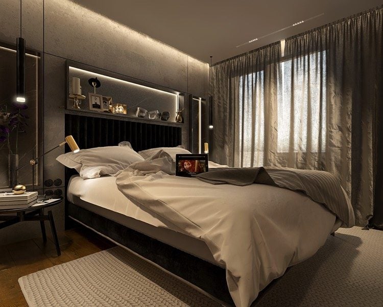 schlafzimmer-dunkle-farben-grau-modern-led-licht