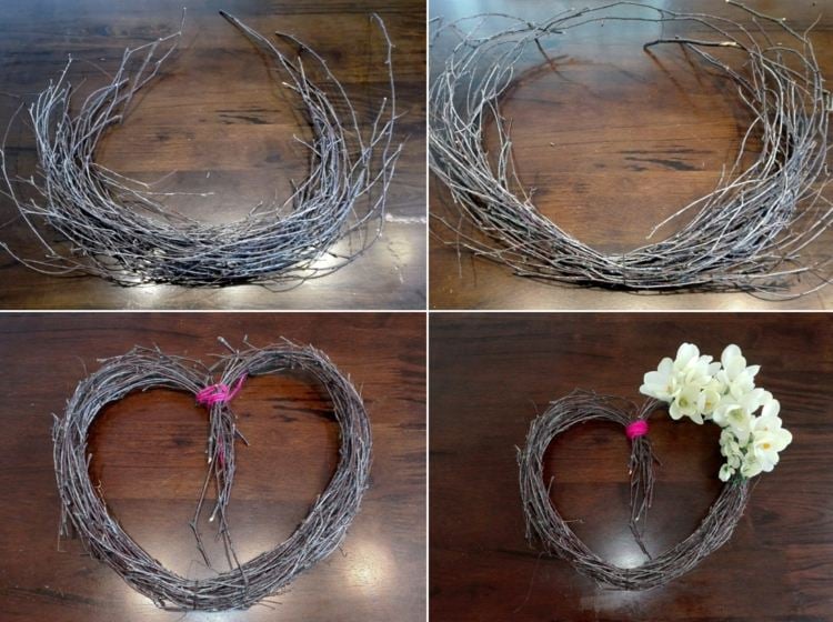 Anleitung zum Basteln mit Ästen und Zweigen - Herzförmiger Türkranz dekoriert mit Blumen