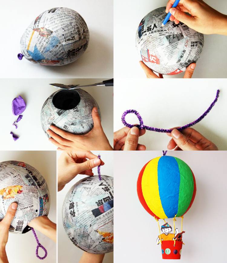 Heißluftballon Geschenk basteln aus Pappmache zum Kindergeburtstag