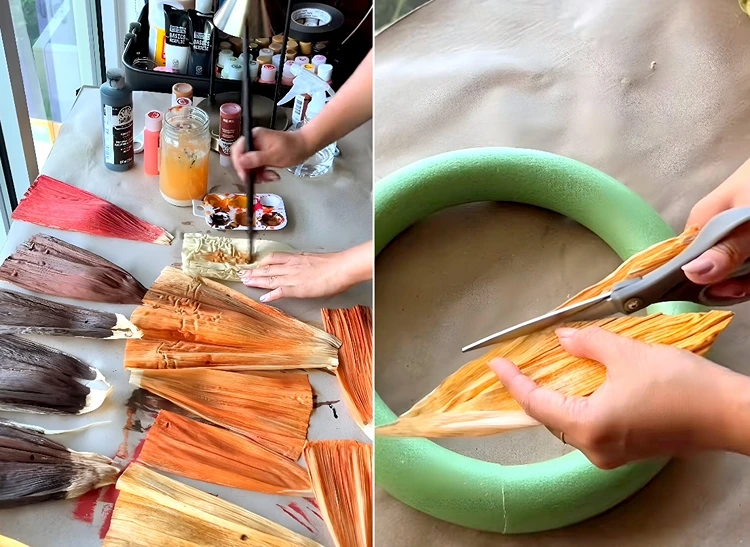 Maisblätter mit Acrylfarben bemalen und zuschneiden