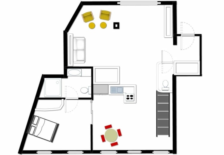 rot-gelb-grundriss-wohnung-erste-etage-wohnbereich-gäste-wc
