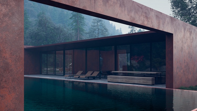 Stahl-Glas-Fassade -wasser-pool-beton-terrasse