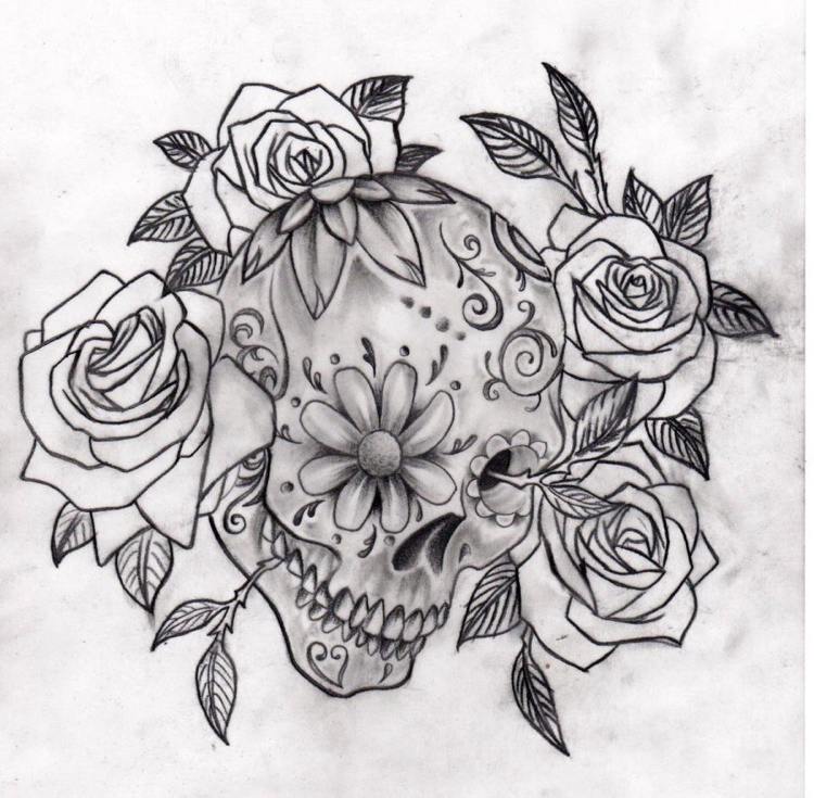 Tattoo Vorlagen -totenkopf-mexikanisch-rosen