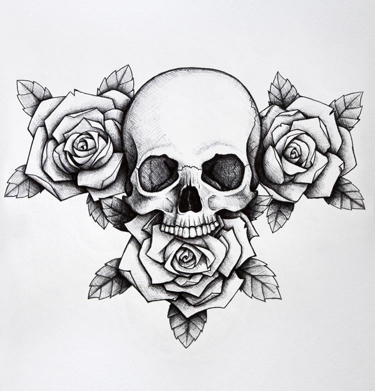 Tattoo Vorlagen -totenkopf-rosen-blumen
