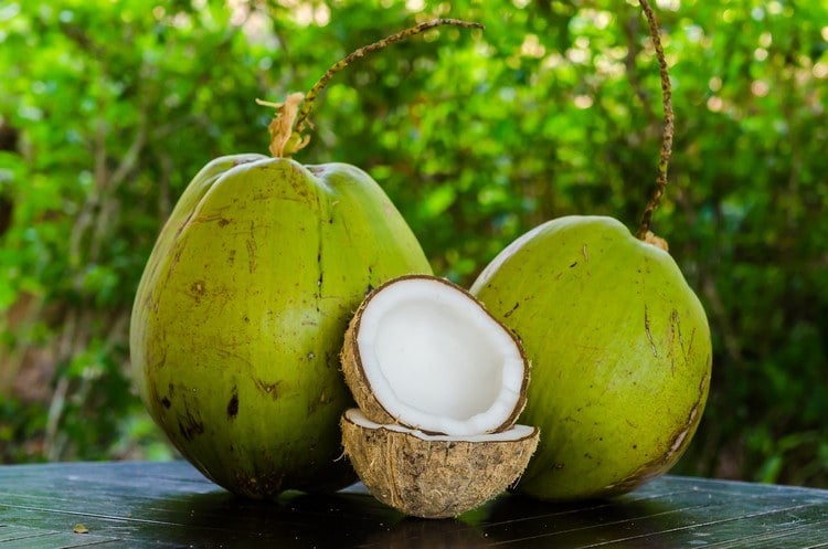 kokosnusswasser-gesund-kokosnüsse-grün-braun