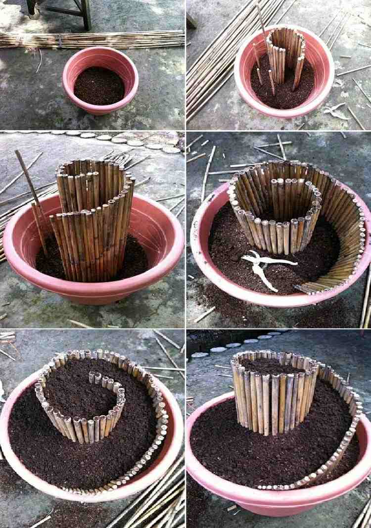 kräuterspirale-bauen-pflanzkübel-pflanzschale-bambus-material-holz