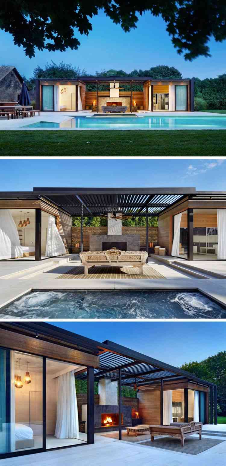 swimmingpool im garten modern-design-glashaus-kamin