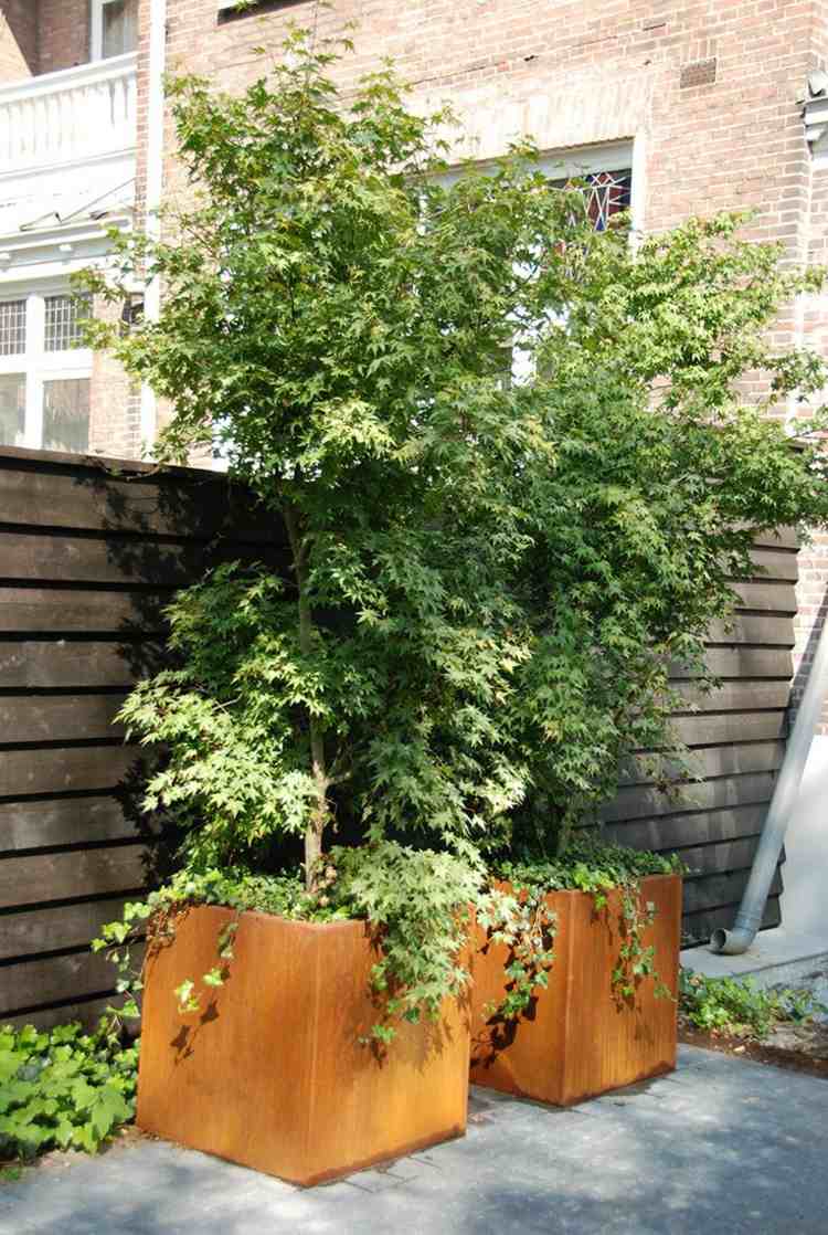 gartendeko-rost-pflanzkübel-minimalistisch-würfel-bäume-pflanzen