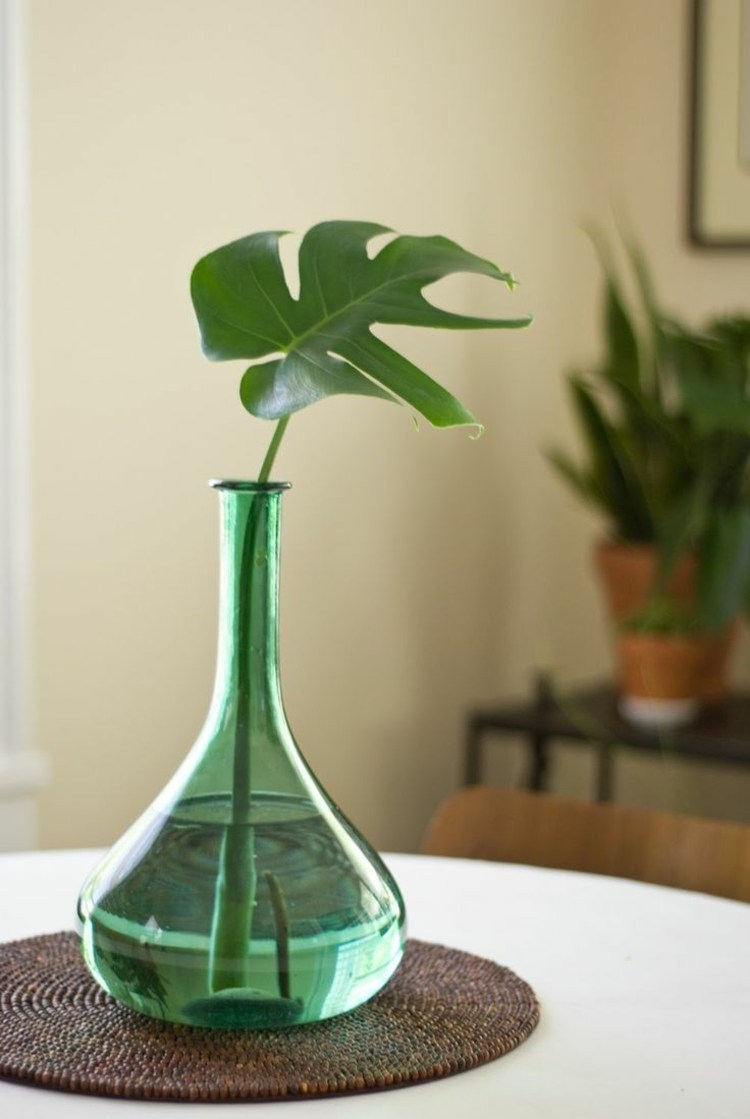 monstera blatt vase-glas-grün-tisch dekorieren