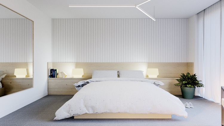 schlafzimmer-weiss-minimalistisch-holz-warmes-licht-wandspiegel
