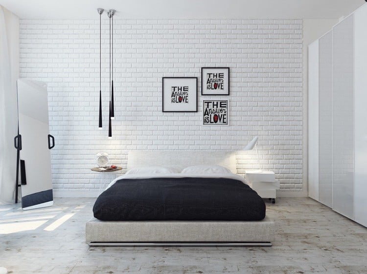 Schlafzimmer in Weiß und Schwarz riemchen-modern-holzboden
