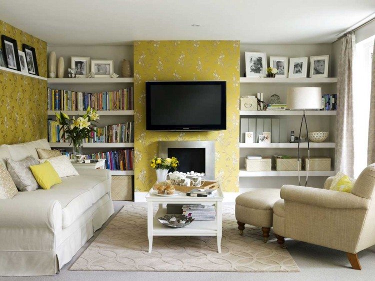 tapeten-wohnzimmer-ideen-wandgestaltung-beispiele-gelb
