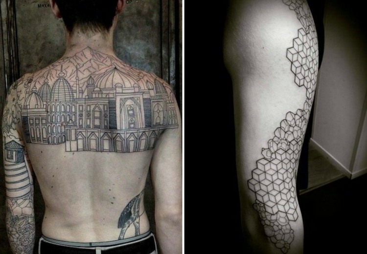 tattoo-motive-architektur-aufwändiges-rücken-design-schultern-oberarm-gebäude-stadt-historisch