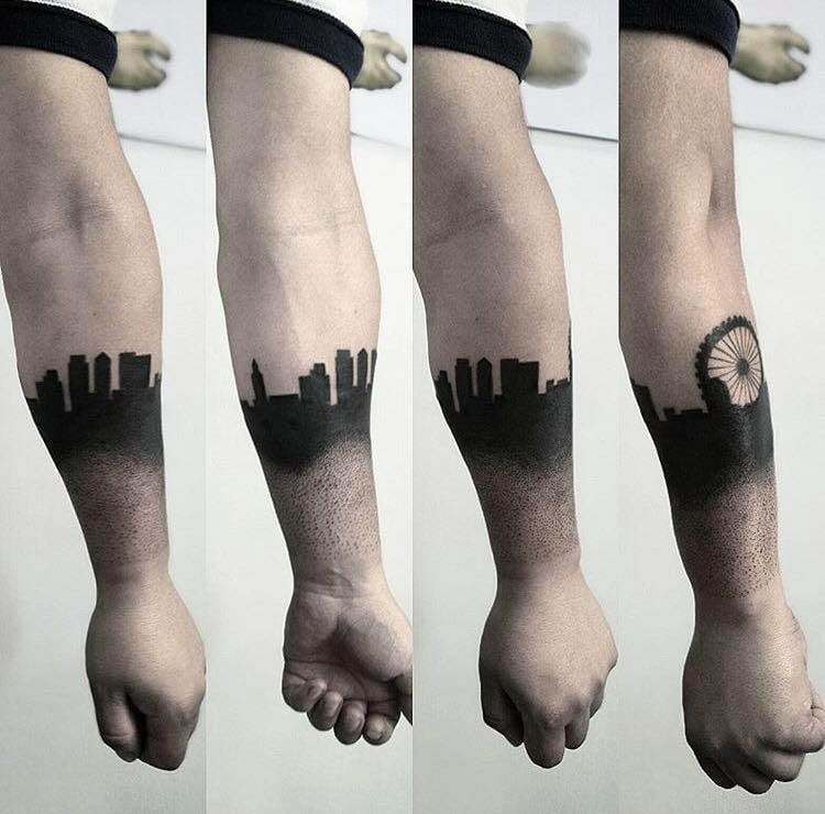 tattoo-motive-architektur-dotwork-skyline-schwarz-riesenrad-gebäude